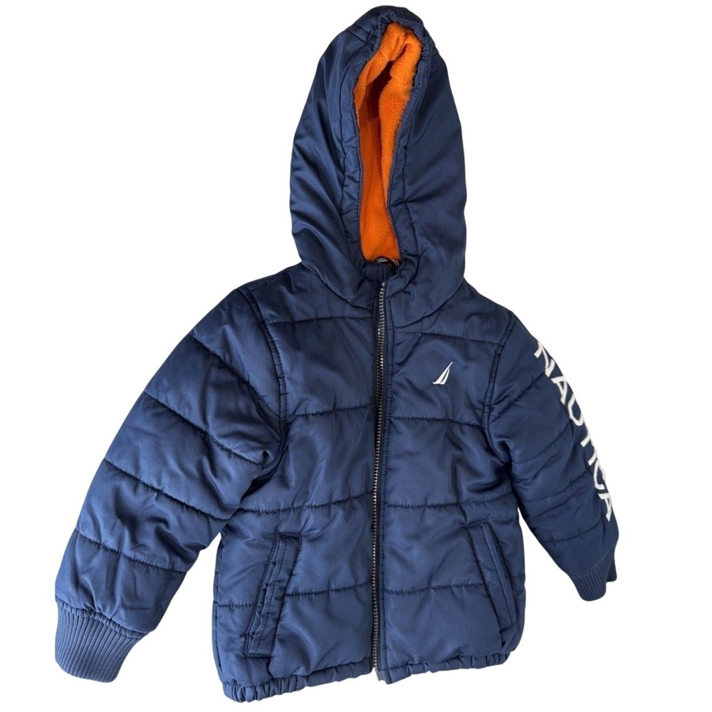 Nautica Boys Navy Blue Puffer Jacket Orange Fleece Lined Hooded 3T NSFD M09D-416